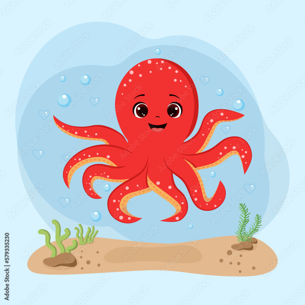 Isolated red happy octopus, underwater world, cartoon. Octopus, vector illustration EPS 10 Isolated red happy octopus, underwater world, cartoon. Octopus, vector illustration EPS 10
