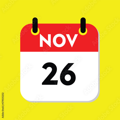 new calendar, 26 November icon with yellow background, calender icon
