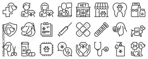 Line icons about dog and vet on transparent background with editable stroke.