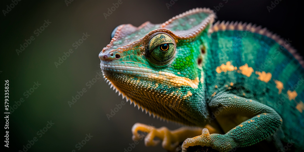Obraz premium Green chameleon with textured skin close-up, blurred tropical background. Multi-colored skin of a chameleon in nature. Generative AI.