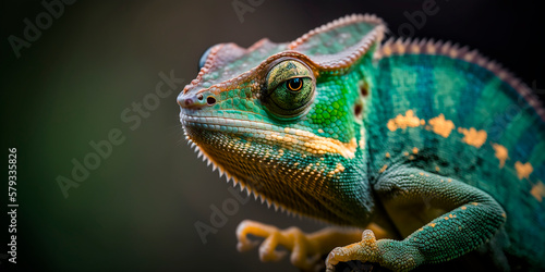 Green chameleon with textured skin close-up  blurred tropical background. Multi-colored skin of a chameleon in nature. Generative AI.