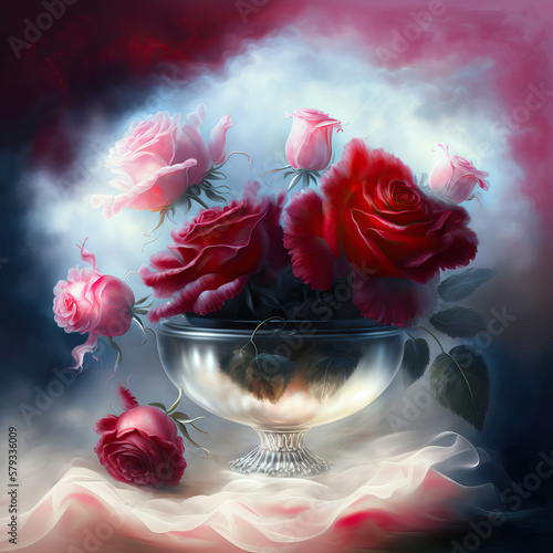 Bouquet of red roses in a crystal vase