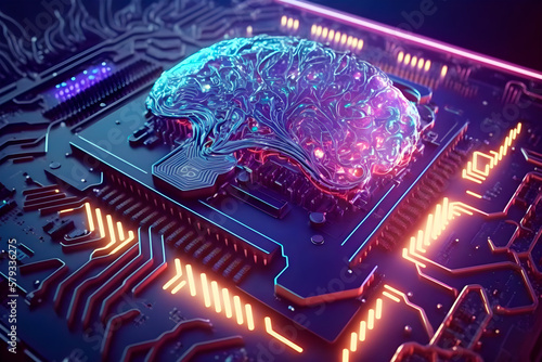 Concepto futurista, cambio tecnológico. Placa de circuito impreso, microchip con forma de cerebro humano. Conexiones tecnológicas. Generada por ia photo