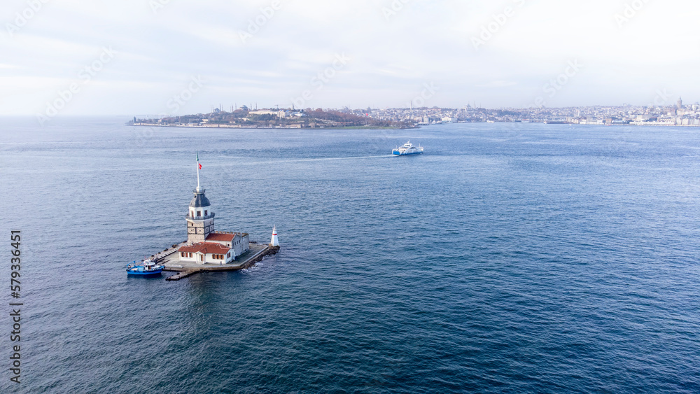 Fototapeta premium Istanbul - Turkey, September 8, 2021, Aerial Drone View of Maiden's Tower in Uskudar Istanbul - Kiz Kulesi, Turkey
