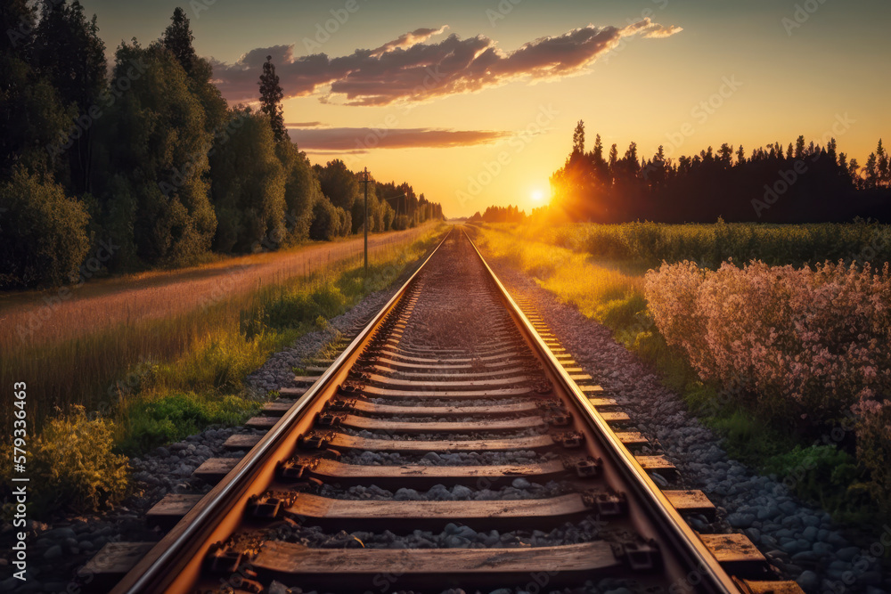 Obraz premium Forest trees along a railroad on an summer sunset. Train tracks travel concept. Generative AI.