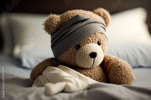 A sick teddy bear with a bandage on his head lies in bed with a fever and a headache. Generative ai