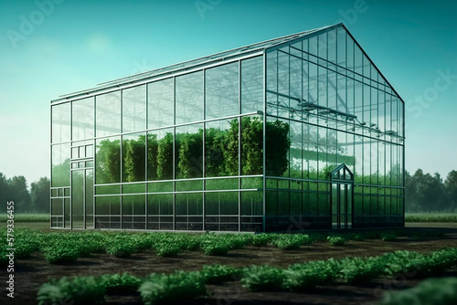 A large farm with a greenhouse for growing fresh vegetables and herbs with care for nature, a technological business farm with modern technologies. Generative AI.