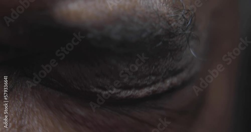 Closeup of a person opening their eye and looking around