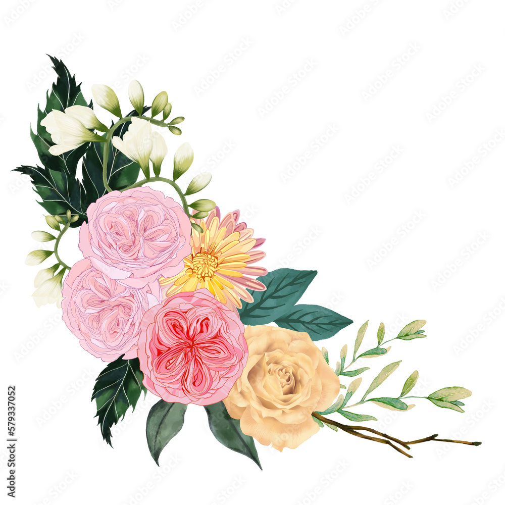 Wreath frame label banner border template l Flowers Bouquet, botanical illustration for greeting card, digital print, invitation, product design