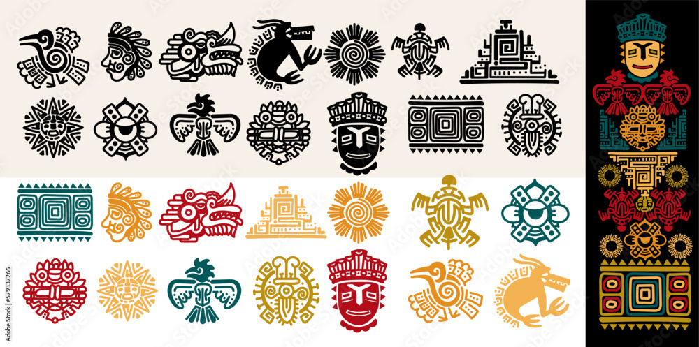 Set of Mexican gods symbols. Black and colored abstract aztec animal bird totem idols, ancient inca maya civilization primitive traditional signs. Vector indigenous culture symbols and mythic rituals. - obrazy, fototapety, plakaty 