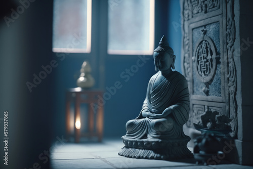 Meditation  Meditating Buddha statue in a calm blue atmosphere   Generative AI Production