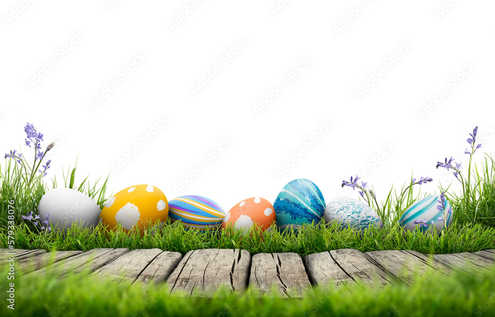 A collection of painted easter eggs celebrating a Happy Easter template with a wooden bench to place products with green grass and transparent background - obrazy, fototapety, plakaty 