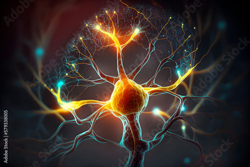 Red neuronal en el Cerebro humano que muestra la activación de neuronas y extensiones neuronales.Generada por ia photo