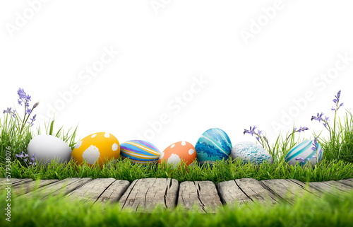 Fototapeta A collection of painted easter eggs celebrating a Happy Easter template with a w
