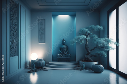 Meditation space: Blue interior with Buddha, bonsai, and other stuff in a calm atmosphere | Generative AI Production