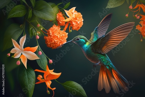 Aglaiocercus kingi, often known as the Long tailed Sylph Hummingbird, hovering over an orange blossom. a Colombian hummingbird perched on a flower, a scene straight out of the tropical rainforest photo
