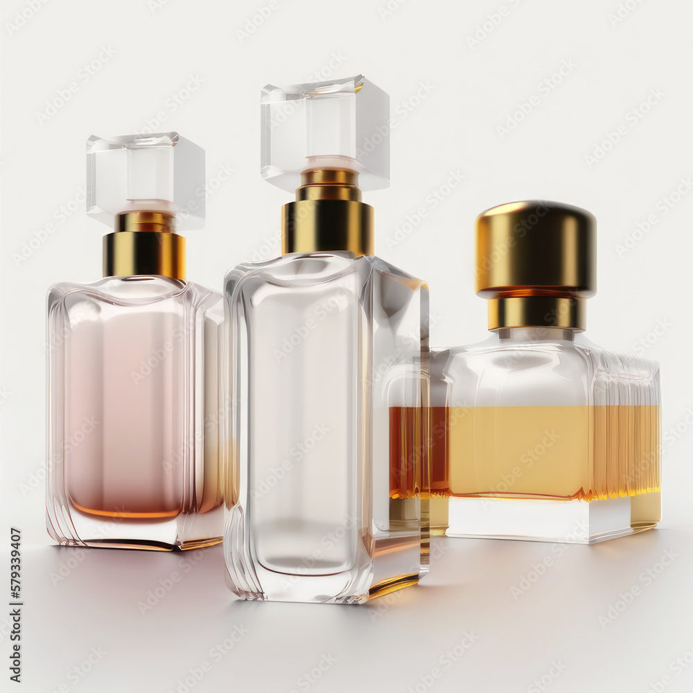 Perfume bottles on a white background. AI generative. Perfume bottles on a white background. AI generative.