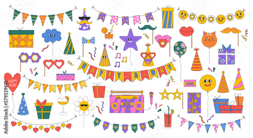 Set of birthday party design elements. Holiday hats, gifts, flags, glasses, confetti, cocktails, balloons and a tape recorder. Birthday party in retro style.