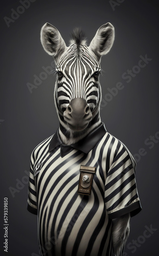 A zebra like creature dressed as a sports referee. It stands upright and has human-like qualities. Generative AI.
