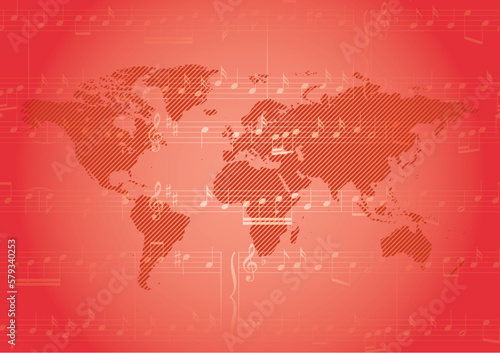 red vector background with music notes and striped world map