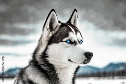 Purebred Beautiful blue eyed sled dog breed Siberian Husky  black and white coat coloration. Outside with a husky dog  a metaphor for pet ownership. Generative AI