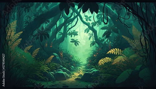 Tropical rainforest  jungle trees and plants in the fog. Generative AI illustration.