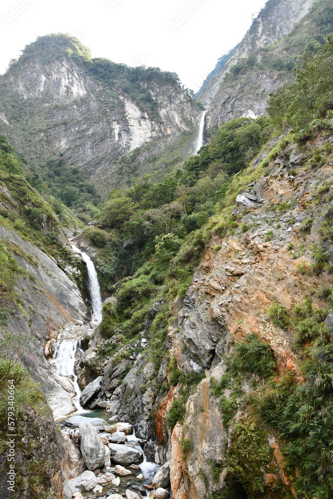 Vertical shot of a river flowing through rocks in Xiulin, Hualien, Taiwan