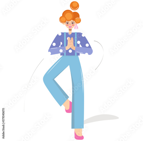 Gorgeous woman doing yoga while standing on one leg. Cute female cartoon character standing in a tree pose and meditating. Slender yoga girl isolated on white background. Flat vector illustration.