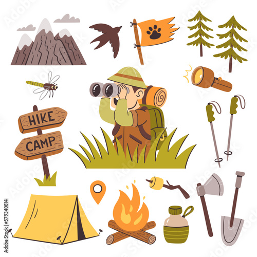 Camping, hiking and outdoor activities clip art collection. Explorer with binoculars behind the grass. Living in the forest isolated elements.