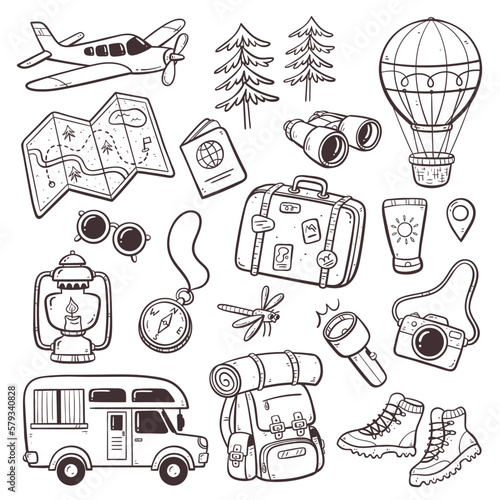 Explore and travel doodle collection. Wanderlust and outdoor activities concept. Cute collection of doodle isolated on white background. Vector illustration.