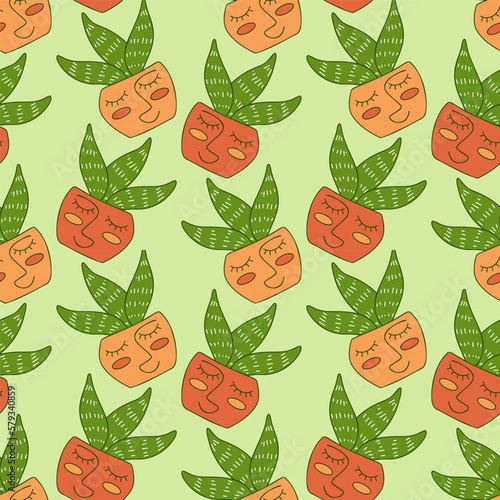 Cute cactus succulent pots seamless pattern. Positive funny outline doodle background. Facelike flowerpots couples. Perfect for cards graden and home decor print textile. Vector illustration.