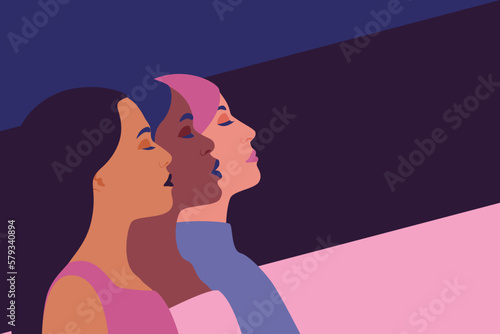 Womens proud heads abstract silhouettes background. Multiethnic females allyship. Girl power alliance for equal opportunities womens rights banner. International womens day. Vector illustration.
