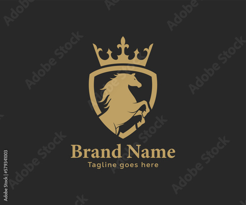 Horse in Shield with Crown vector logo design. Sports Club logo
