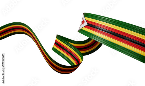 3d Flag Of Zimbabwe, Shiny Waving 3d Ribbon Flag With Star On White Background, 3d illustration