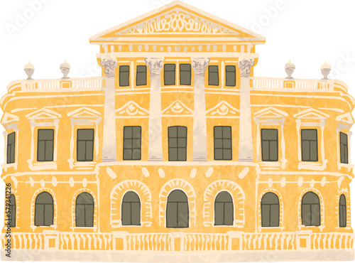 Drawing a building in the old classical style with columns pilasters and a portico in a naive simple style