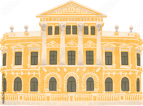 Drawing a building in the old classical style with columns pilasters and a portico in a naive simple style