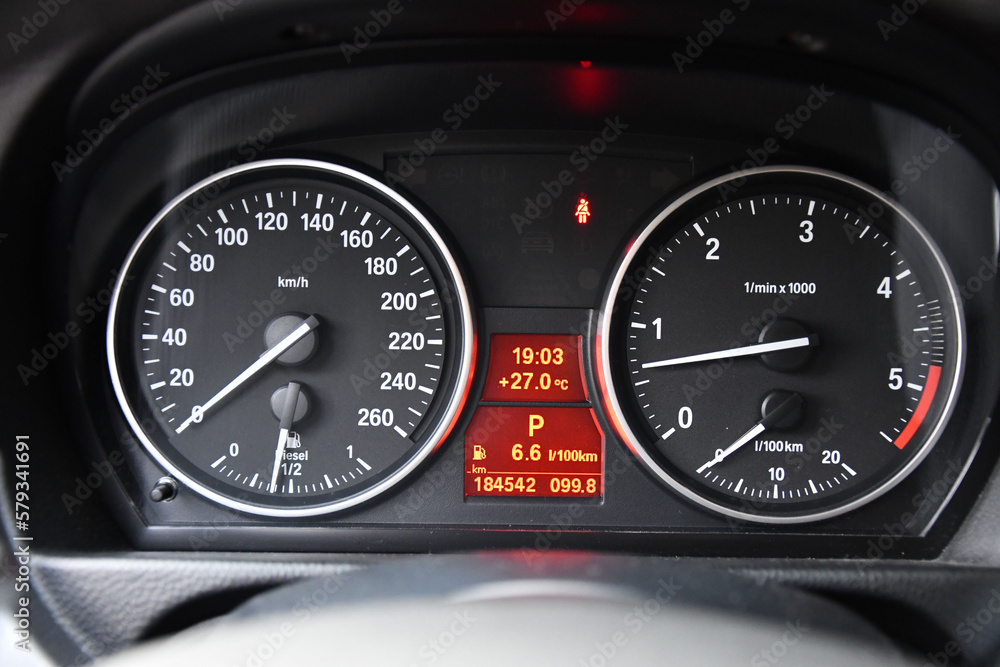 Speedometer unit of a car in closeup