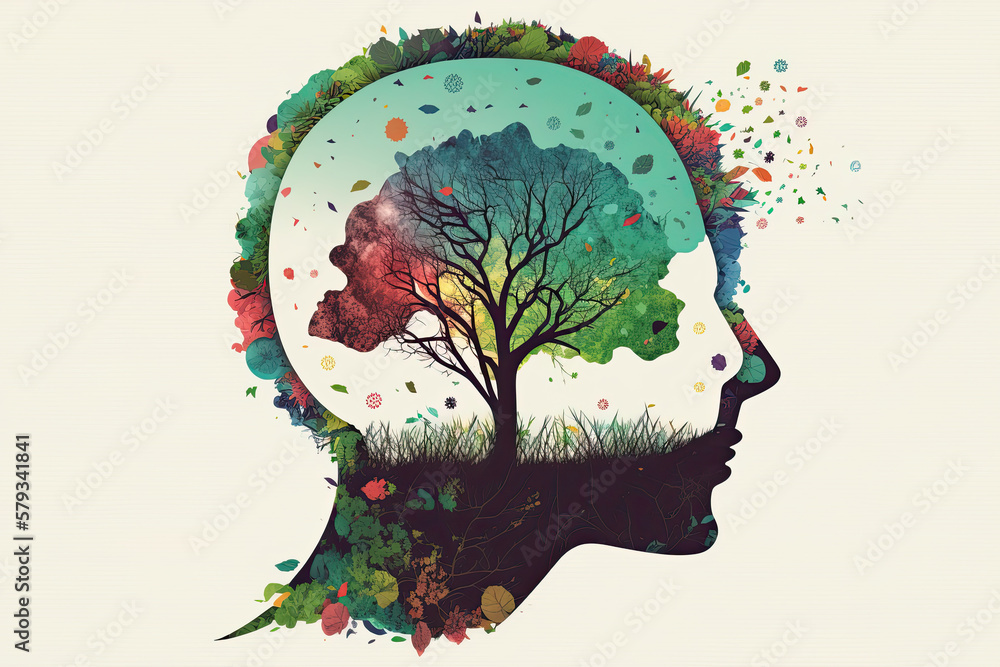 Human brain tree with flowers, self care and mental health concept