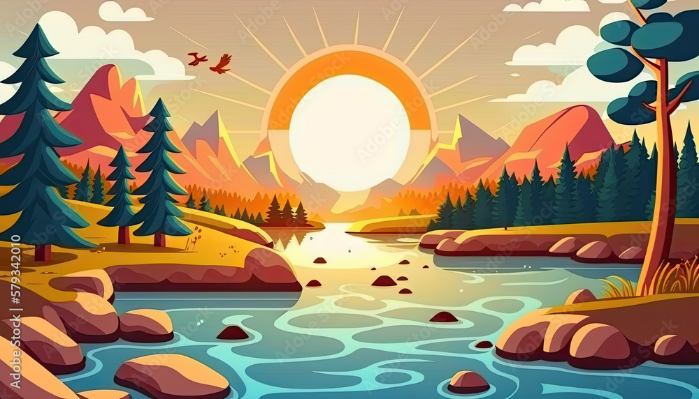 Beautiful landscape with a river and the sun of background at sunset. Generative AI