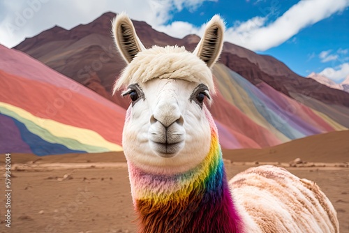 Portrait of a funny, cute lama in close up, standing in front of the rainbow mountains of Vinicunca and Montaa Winikunka in the Andes of Peru, not far from Cusco. Generative AI photo