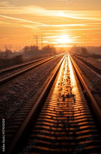 Empty railway track during a colourful, winters dawn.