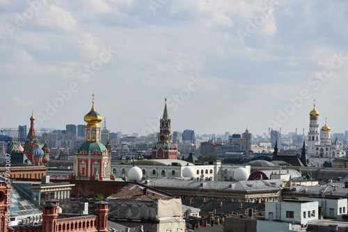 Aerial drone shot of the roofs in Moscow, Russia, with many towers and extravagant churches © codebude