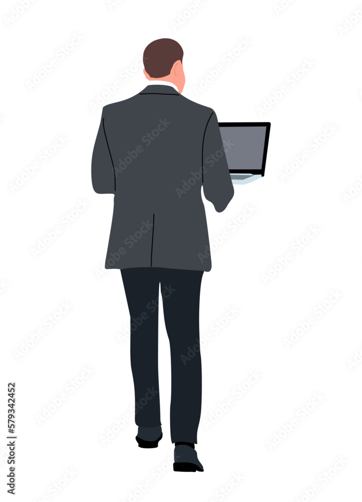 Businessman character standing with laptop back view. Handsome man ...