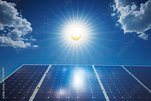 Solar energy panels under a blue sky. Ecological eletricity. Generative AI