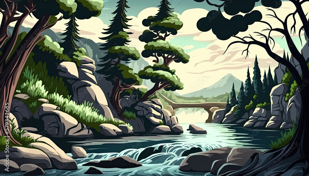 Fototapeta premium Beautiful landscape in the mountain with a river and many vegetation. Generative AI