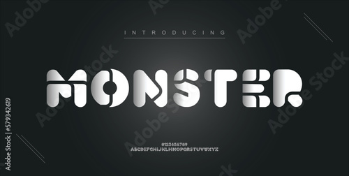 Monster digital modern alphabet new font. Creative abstract urban, futuristic, fashion, sport, minimal technology typography. Simple vector illustration with number