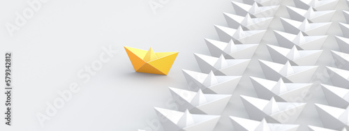 Leadership concept, yellow leader boat, standing out from the crowd of white boats. 3D Rendering