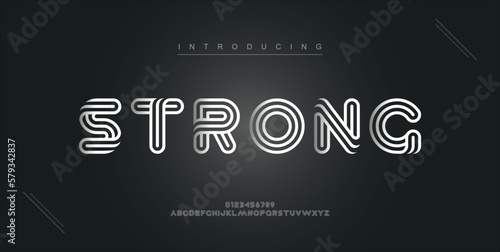 Strong digital modern alphabet new font. Creative abstract urban, futuristic, fashion, sport, minimal technology typography. Simple vector illustration with number