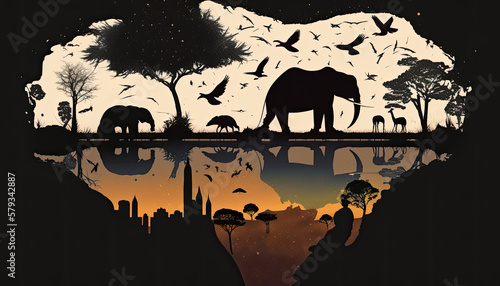 African landscape with the silhouette of many animals at sunset. Generative AI © Gelpi