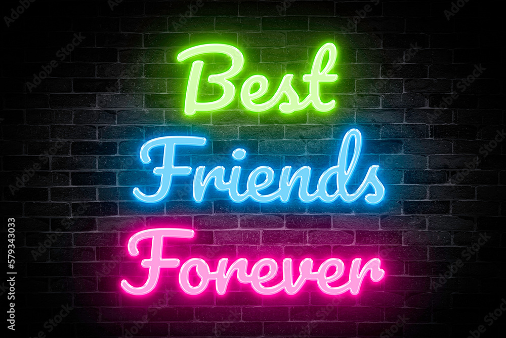 Best Friends Forever neon banner on brick wall background.